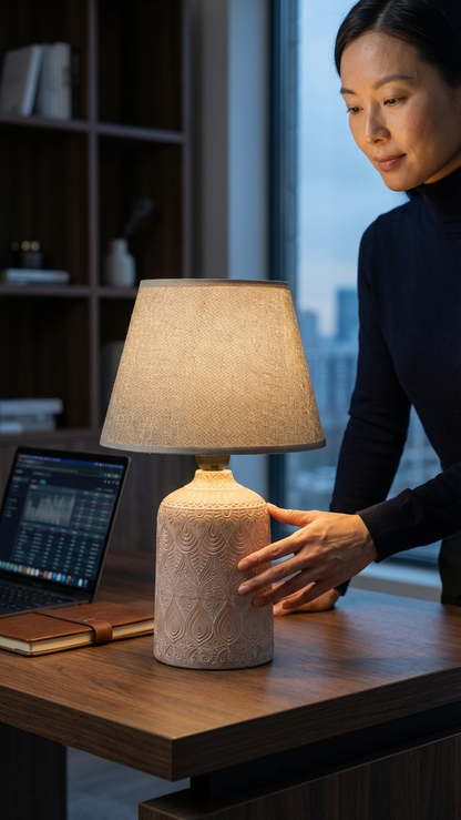 Classic Textured Ceramic Bedside Lamp with Linen Shade