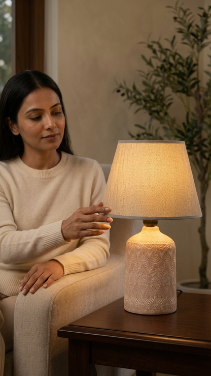 Classic Textured Ceramic Bedside Lamp with Linen Shade