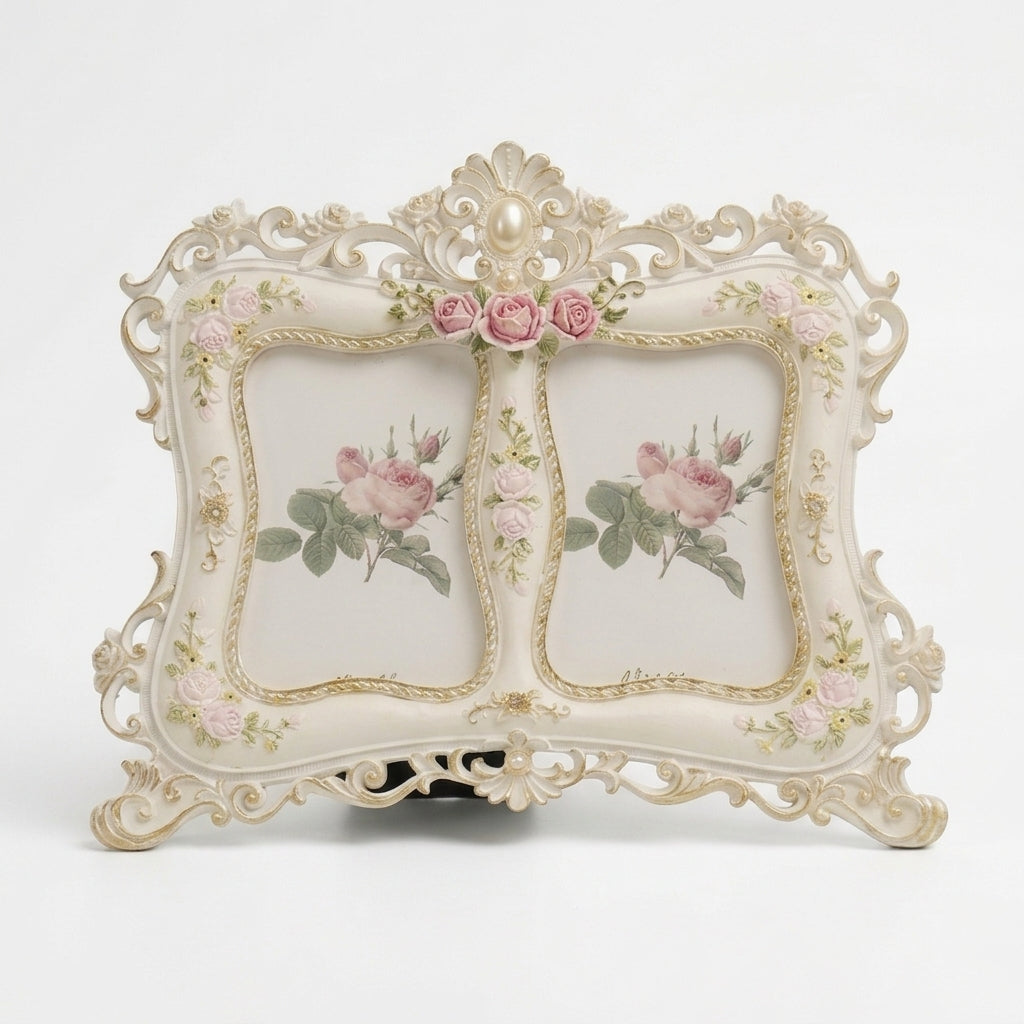Luxury Victorian White & Gold Dual Photo Frame with Rose Accents