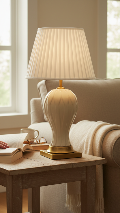 Timeless Ivory Bedside Lamp with Pleated Fabric Shade