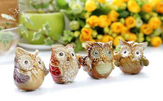 Ceramic Owl Figurines - Style Miniatures- Set of 4